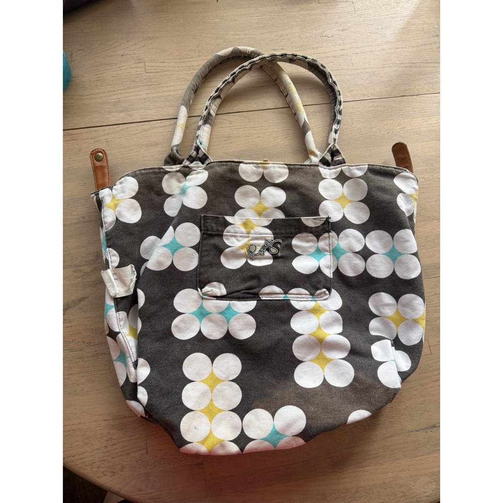Roxy Canvas Tote Bag Floral Daisy Print Gray Yellow Teal Large Beach Bag